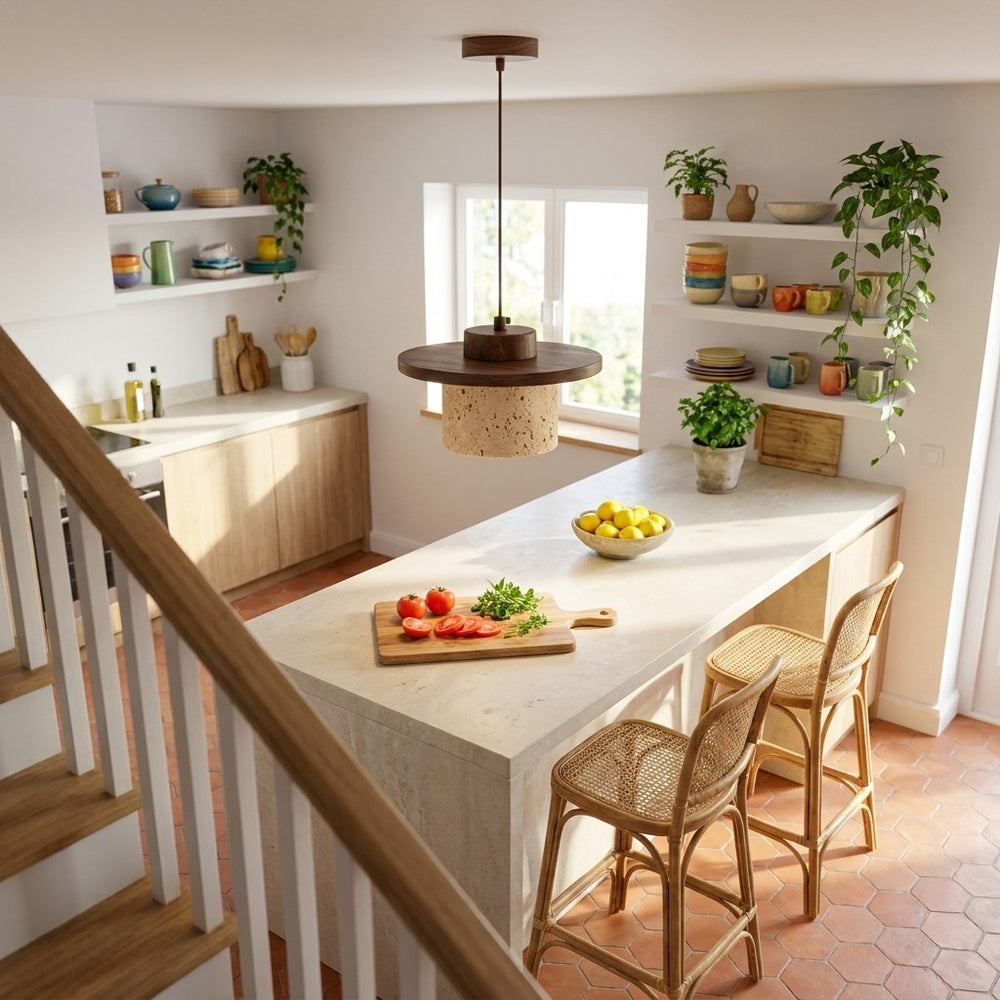 Suspension salon travertin et bois, salle à manger, Ø 20 cm - disque bois vue d en haut escalier
