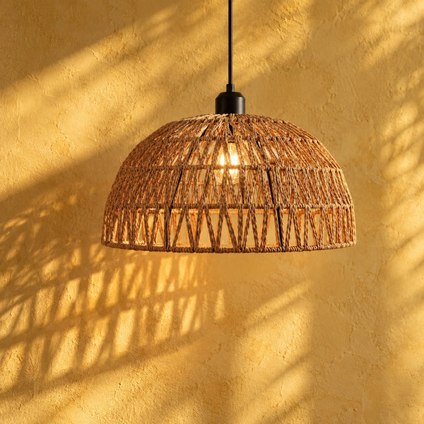Japanese woven rattan pendant light for living room, natural fibre dome