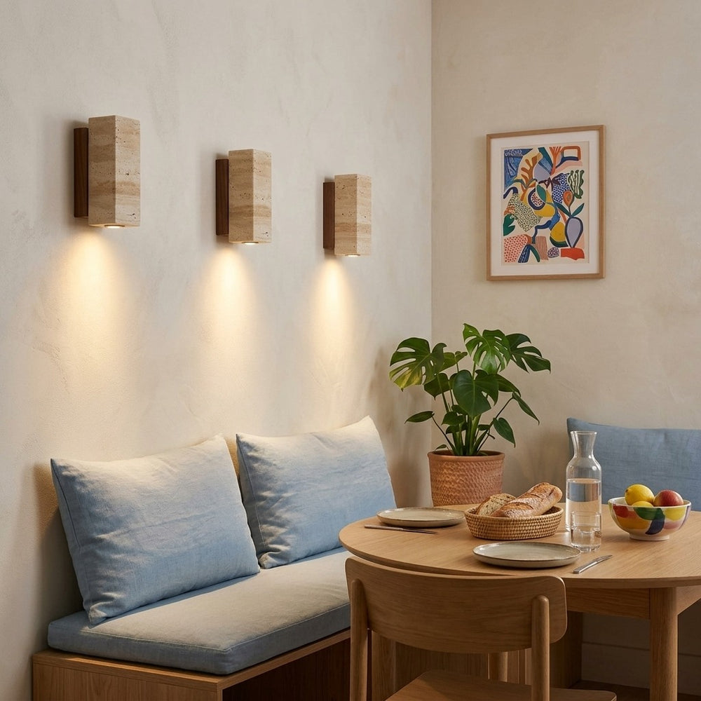 Applique murale japonaise en travertin jaune, salon - jap coin repas banquette origine #carre-socle-noyer