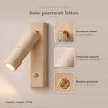 Applique murale liseuse travertin et bois, tête orientable - lio c bois pierre laiton #bois-clair