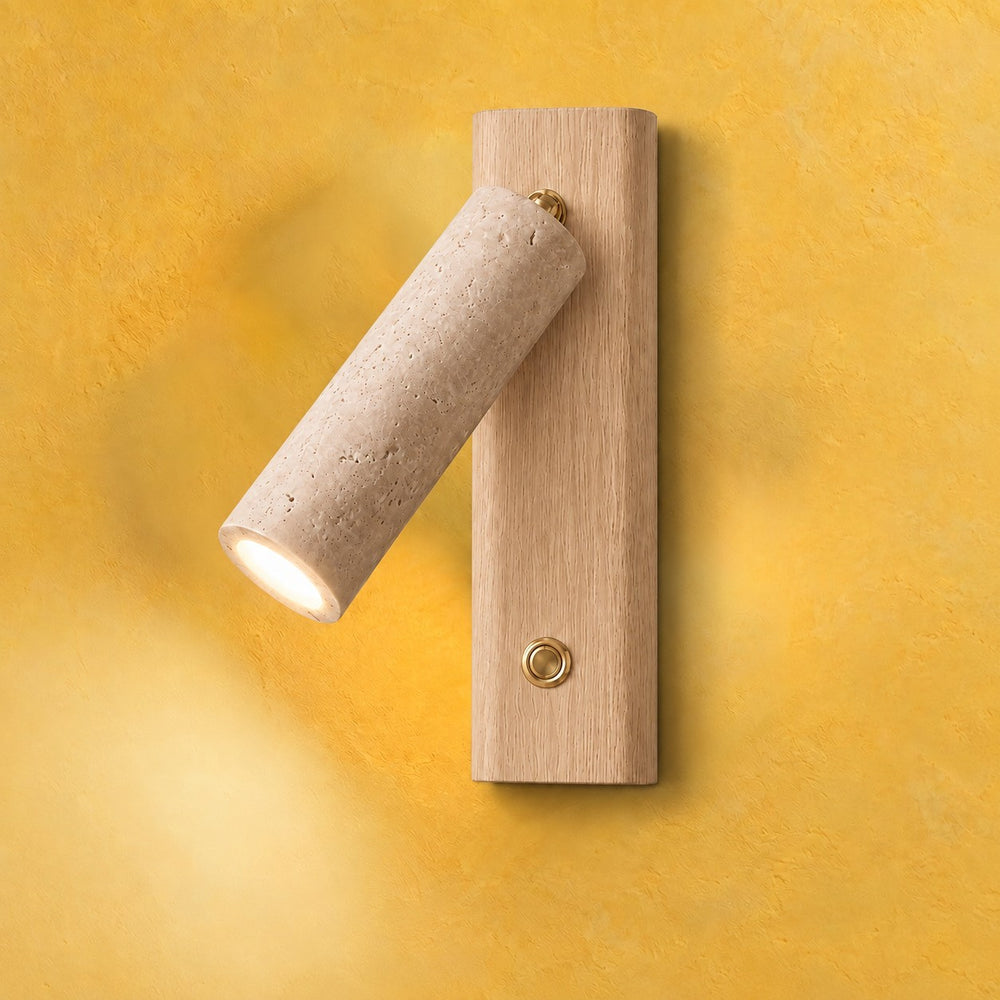 Applique murale liseuse travertin et bois, tête orientable - lio c jaune #bois-clair