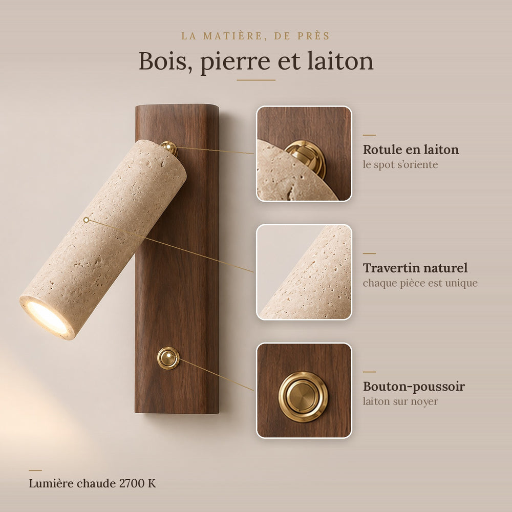 Applique murale liseuse travertin et bois, tête orientable - lio n bois pierre laiton #noyer
