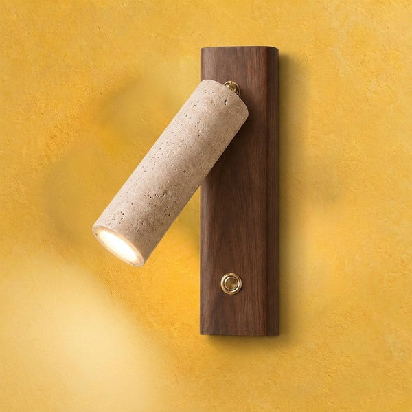 Travertine and wood reading wall light, adjustable head