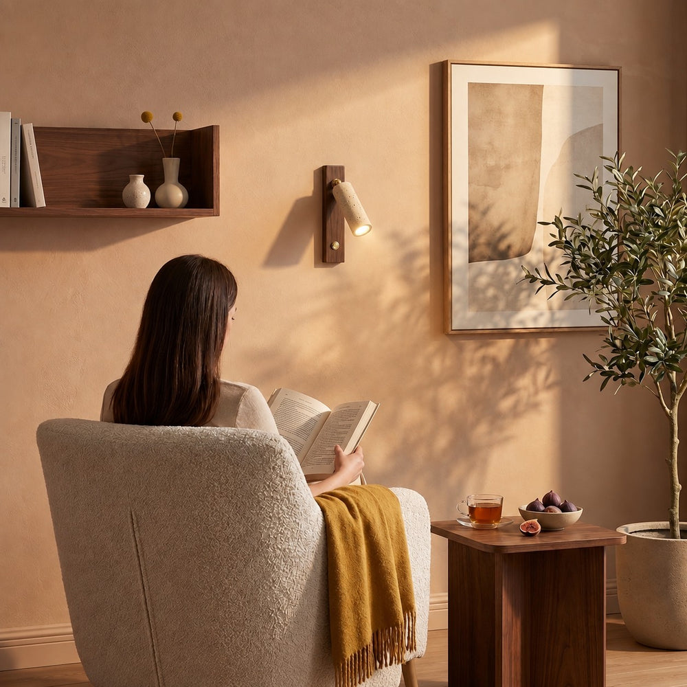 Applique murale liseuse travertin et bois, tête orientable - lio n lecture fauteuil creme #noyer