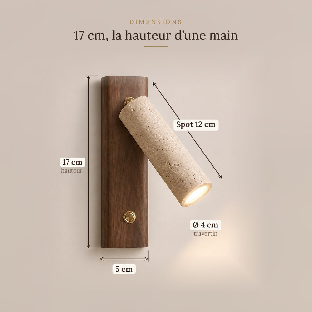 Applique murale liseuse travertin et bois, tête orientable - lio n taille 17 cm #noyer