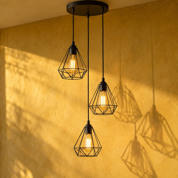 3-light cage pendant light for living room, black metal, industrial style