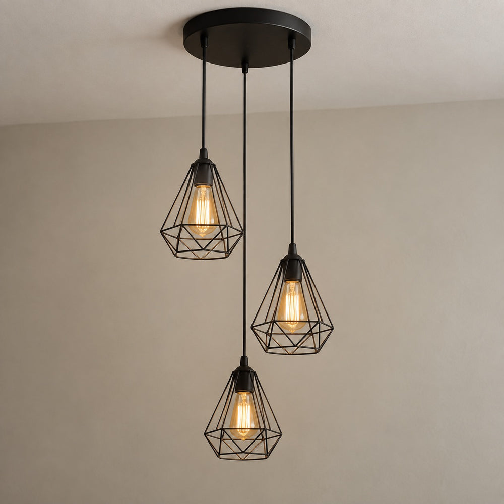 Lustre salon 3 lumières cage métal noir, style industriel - lustre cage vue de cote