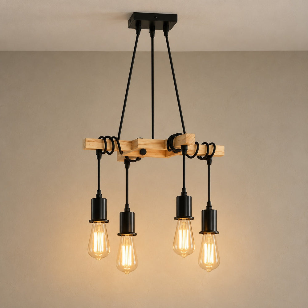 Lustre salon vintage bois et métal noir, douille E27 - lustre croix bois allume vue de face