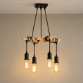 Lustre salon vintage bois et métal noir, douille E27 - lustre croix bois allume vue de face