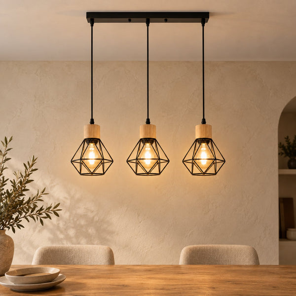 3-light pendant light for living room, black iron, diamond shape, E27 fitting