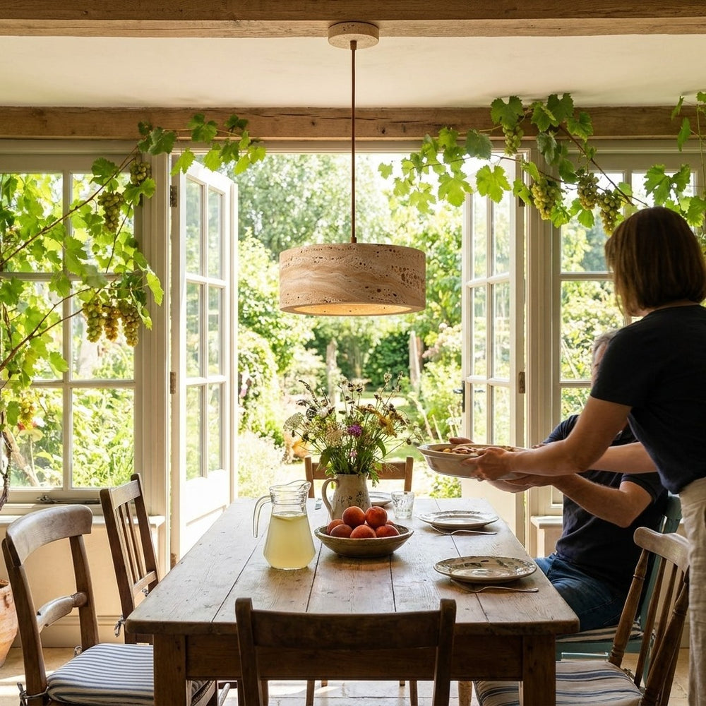 Suspension salon travertin jaune, pierre naturelle Ø 20 cm - okra veranda vigne dejeuner