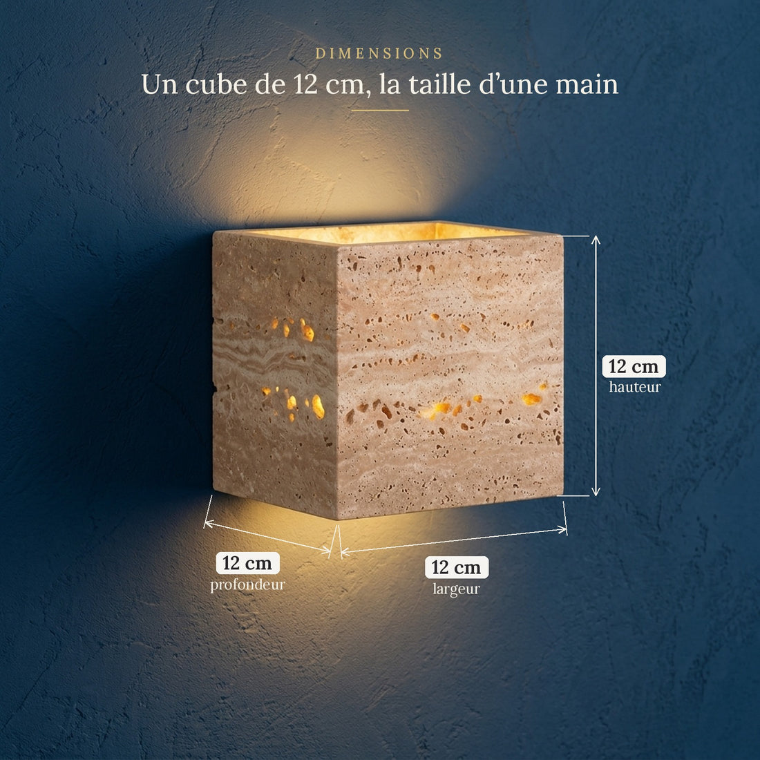 Applique murale chambre tête de lit, travertin, lumière chaude - reva 12 taille cube bleu #12-cm