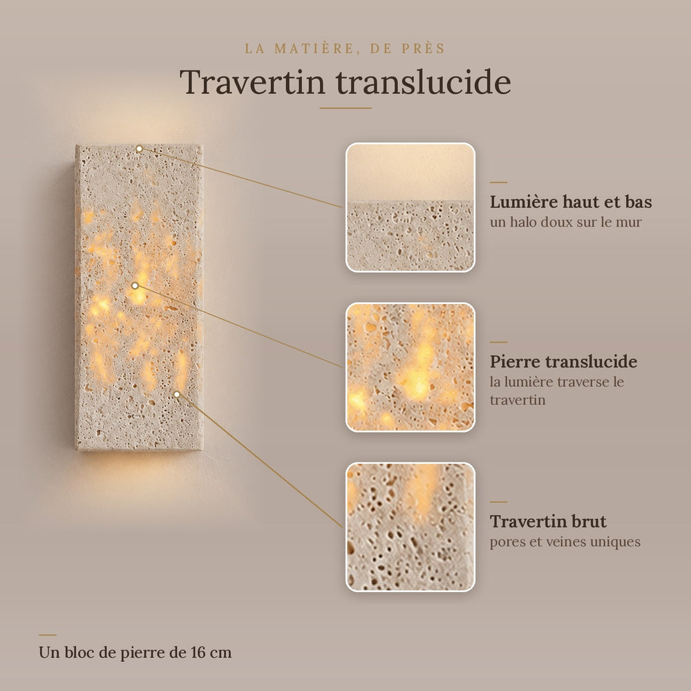 Applique murale chambre tête de lit, travertin, lumière chaude - reva 16 matiere travertin translucide #16-cm