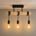 Suspension industrielle salon en bois, rectangulaire, douille E27 - suspension bois industrielle allumee vue de face
