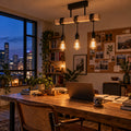 Suspension industrielle salon en bois, rectangulaire, douille E27 - suspension bois industrielle au dessus du bureau le soir