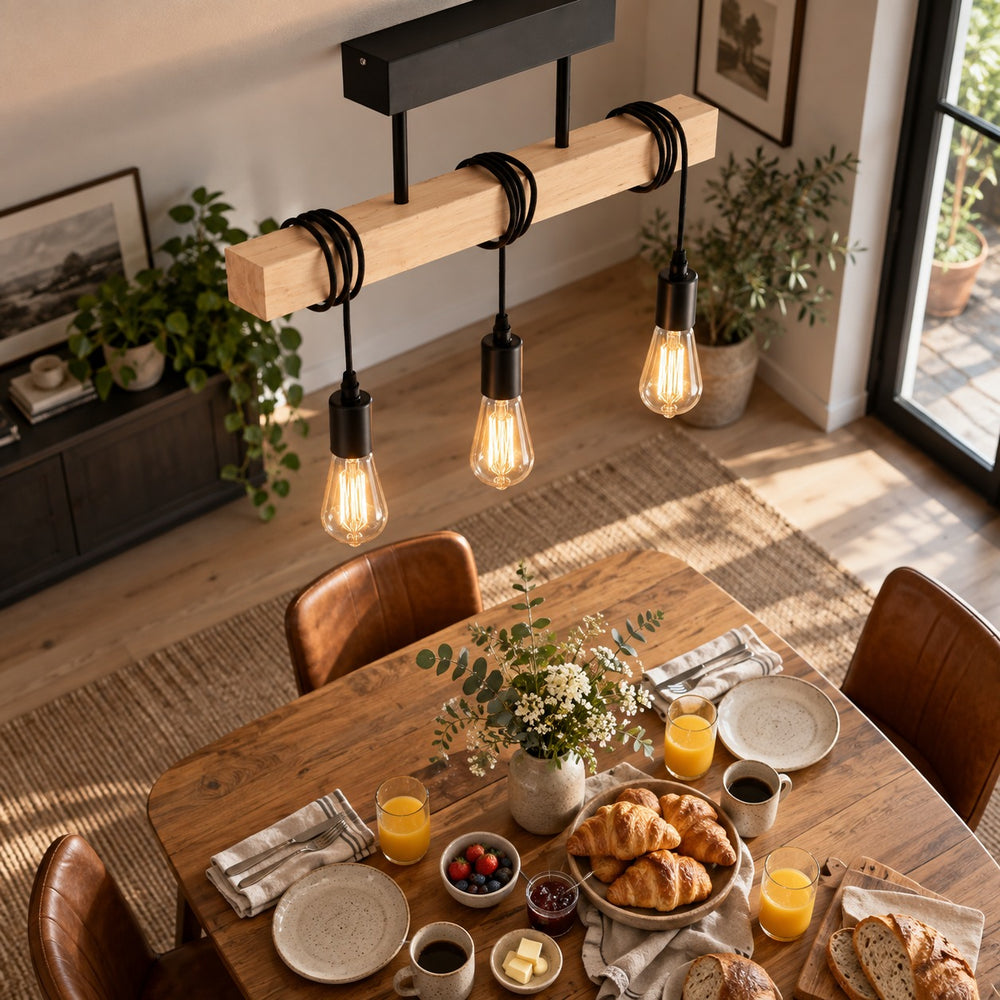 Suspension industrielle salon en bois, rectangulaire, douille E27 - suspension bois industrielle vue plongeante sur le petit dejeuner