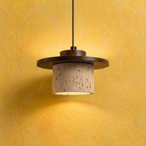 Travertine and wood pendant light for living room and dining room, Ø 20 cm