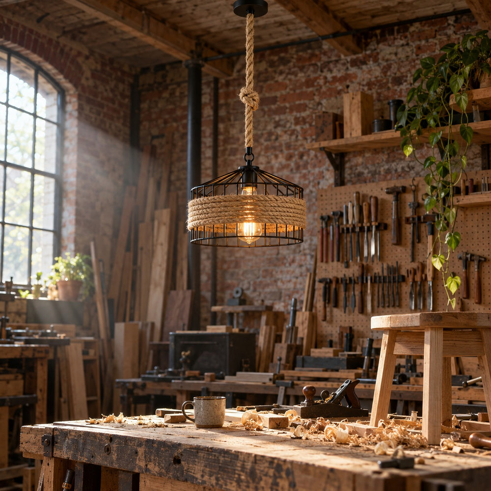 Suspension salon corde et métal noir, style industriel Ø 30 cm - suspension grange atelier de menuisier