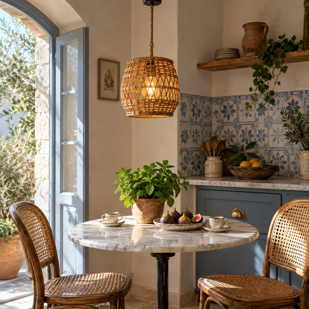 Suspension salon rotin tressé, vintage, douille E27 - suspension rotin coin petit dejeuner mediterraneen