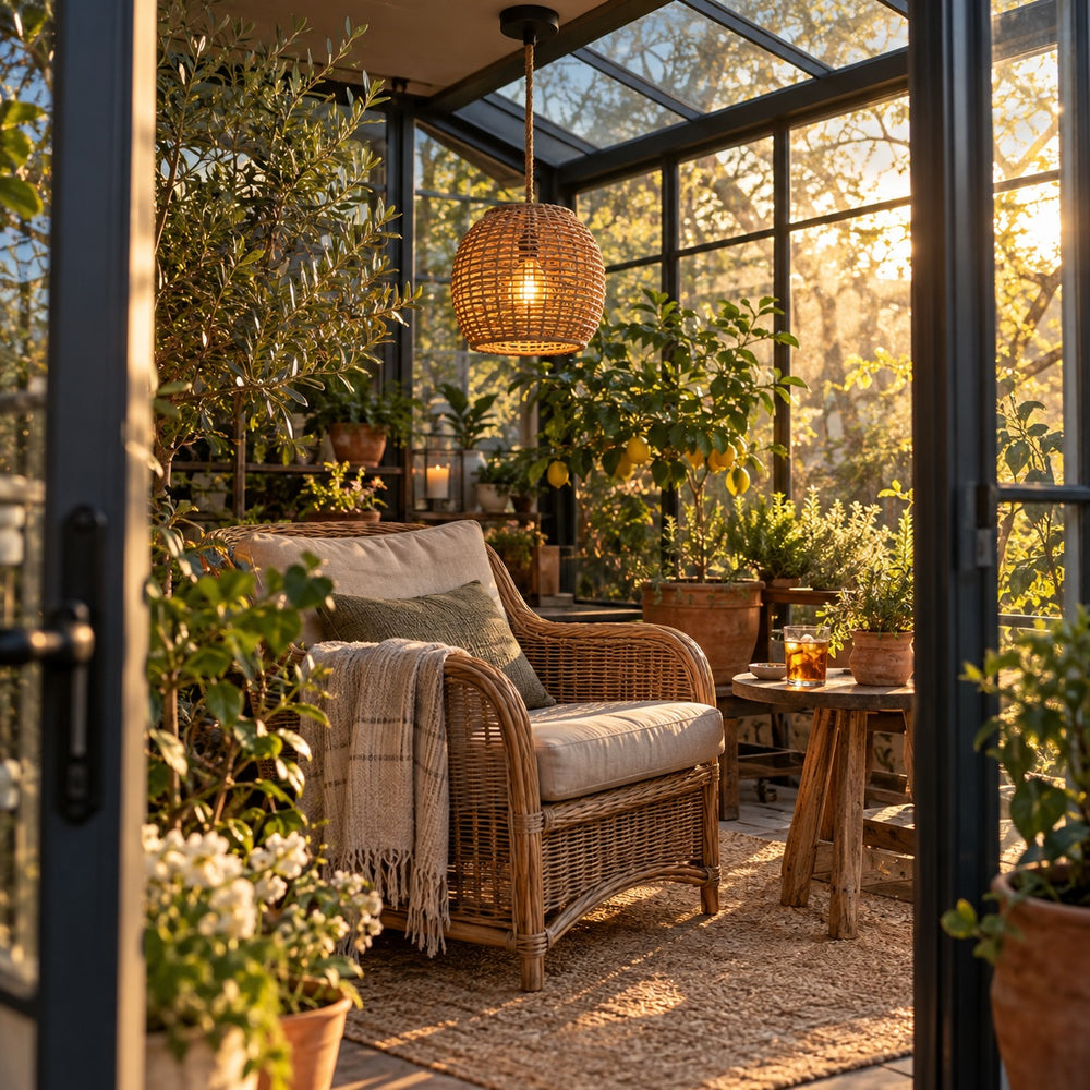 Suspension salon rotin tressé, vintage, douille E27 - suspension rotin veranda au coucher du soleil