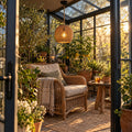 Suspension salon rotin tressé, vintage, douille E27 - suspension rotin veranda au coucher du soleil