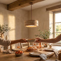 Suspension salon travertin jaune, pierre naturelle Ø 20 cm - tambour diner poutres soleil