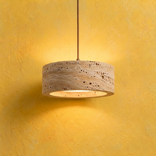 Suspension salon travertin jaune, pierre naturelle Ø 20 cm - tambour mur jaune