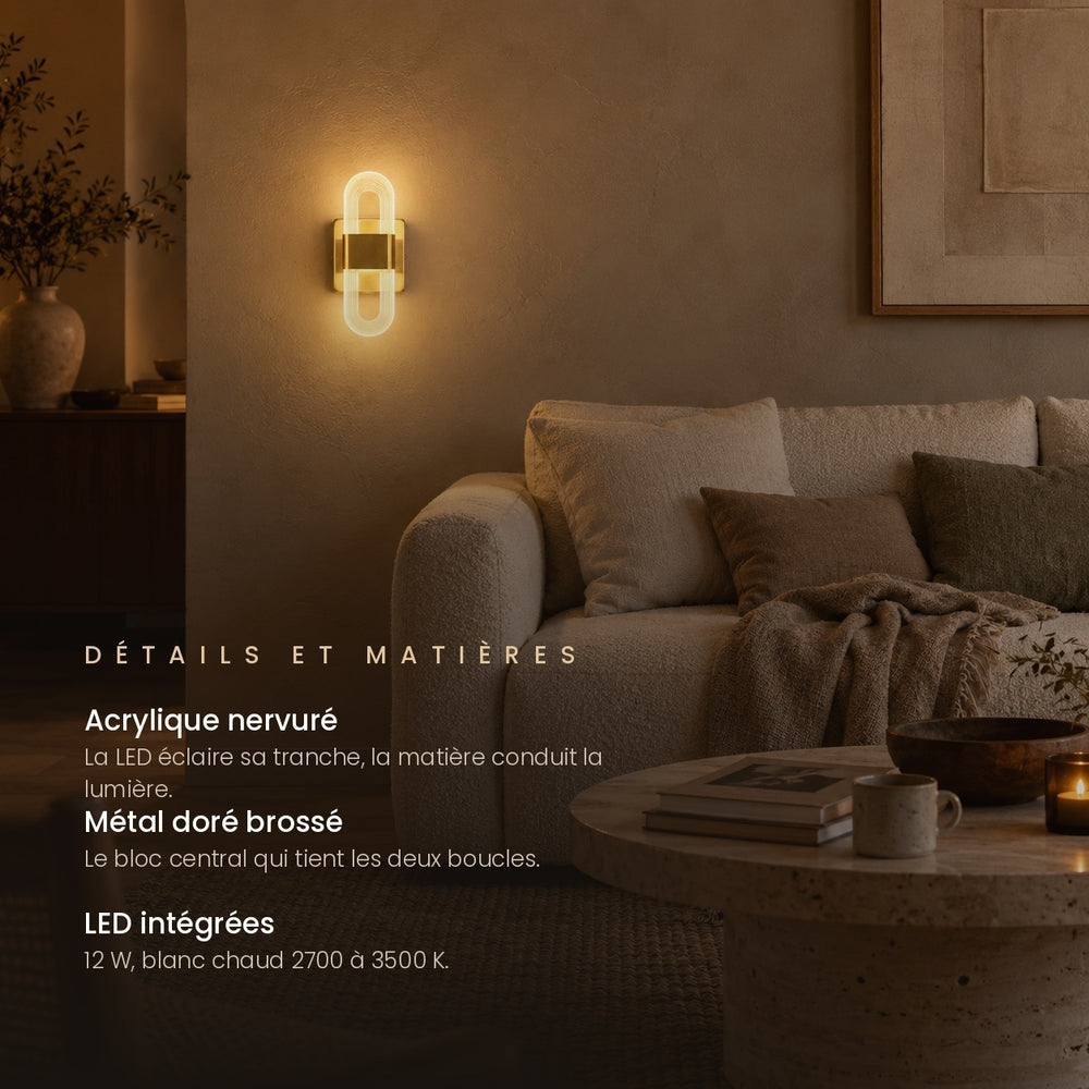 Applique murale chambre tête de lit LED, lumière chaude - v8 details et matieres acrylique et laiton #dore
