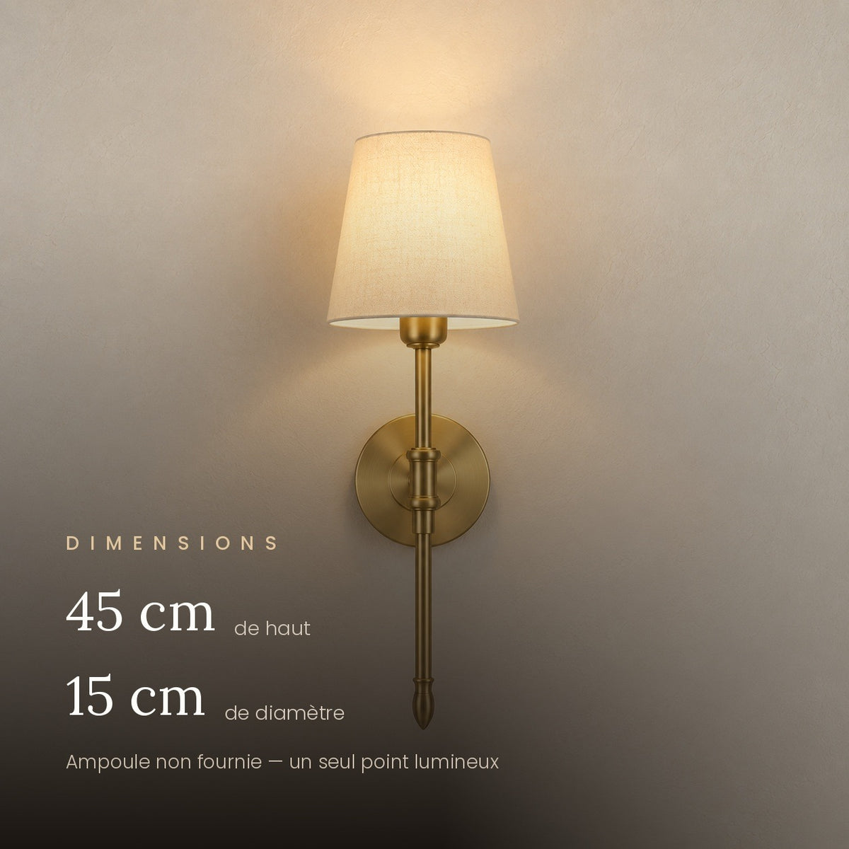 Applique murale chambre abat-jour tissu doré, style campagne - v9 dimensions 45 cm de haut