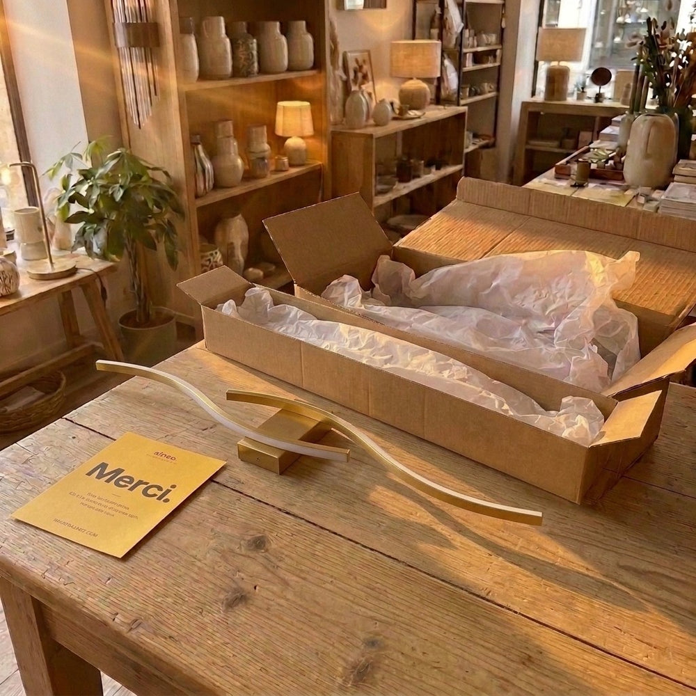 Applique vague dorée de 60 cm posée sur une table de boutique, à côté de son carton et de la carte Merci #or